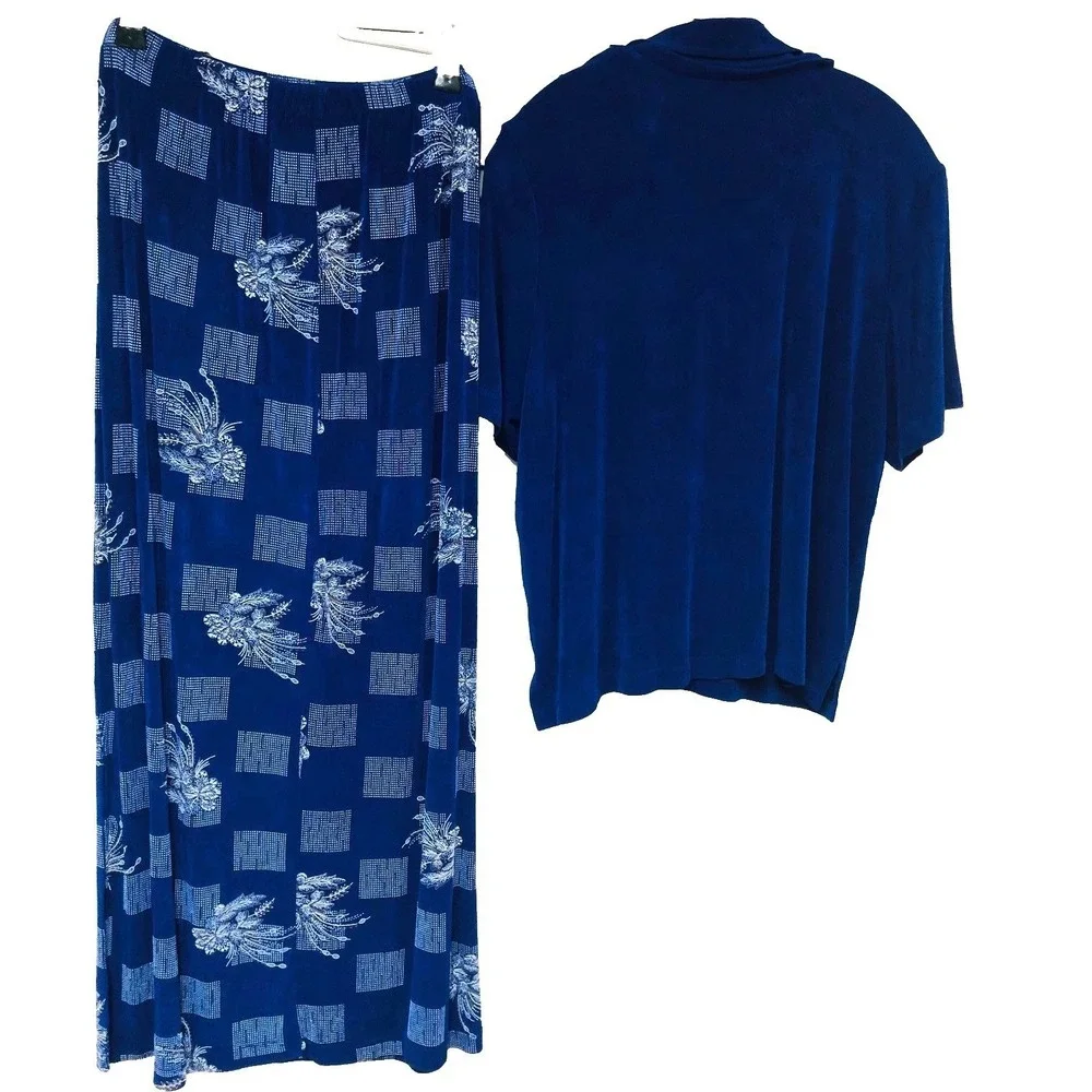 Y2K Citiknits Womens Maxi Skirt Set Blu Slinky Jersey Knit Office USA Travel S/M